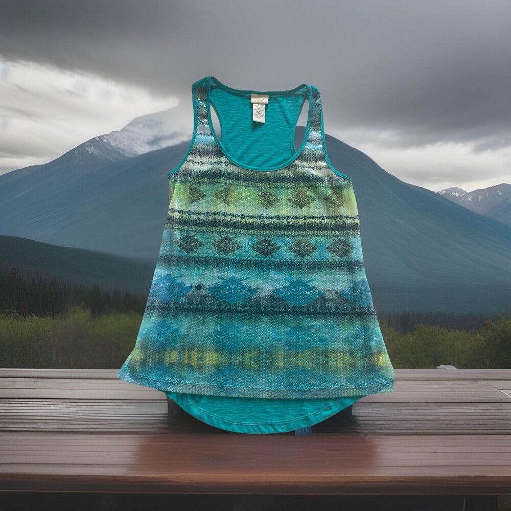 Daytrip Tank Top Women’s Medium Teal & Blue Sequin Front Good Condition Stretch